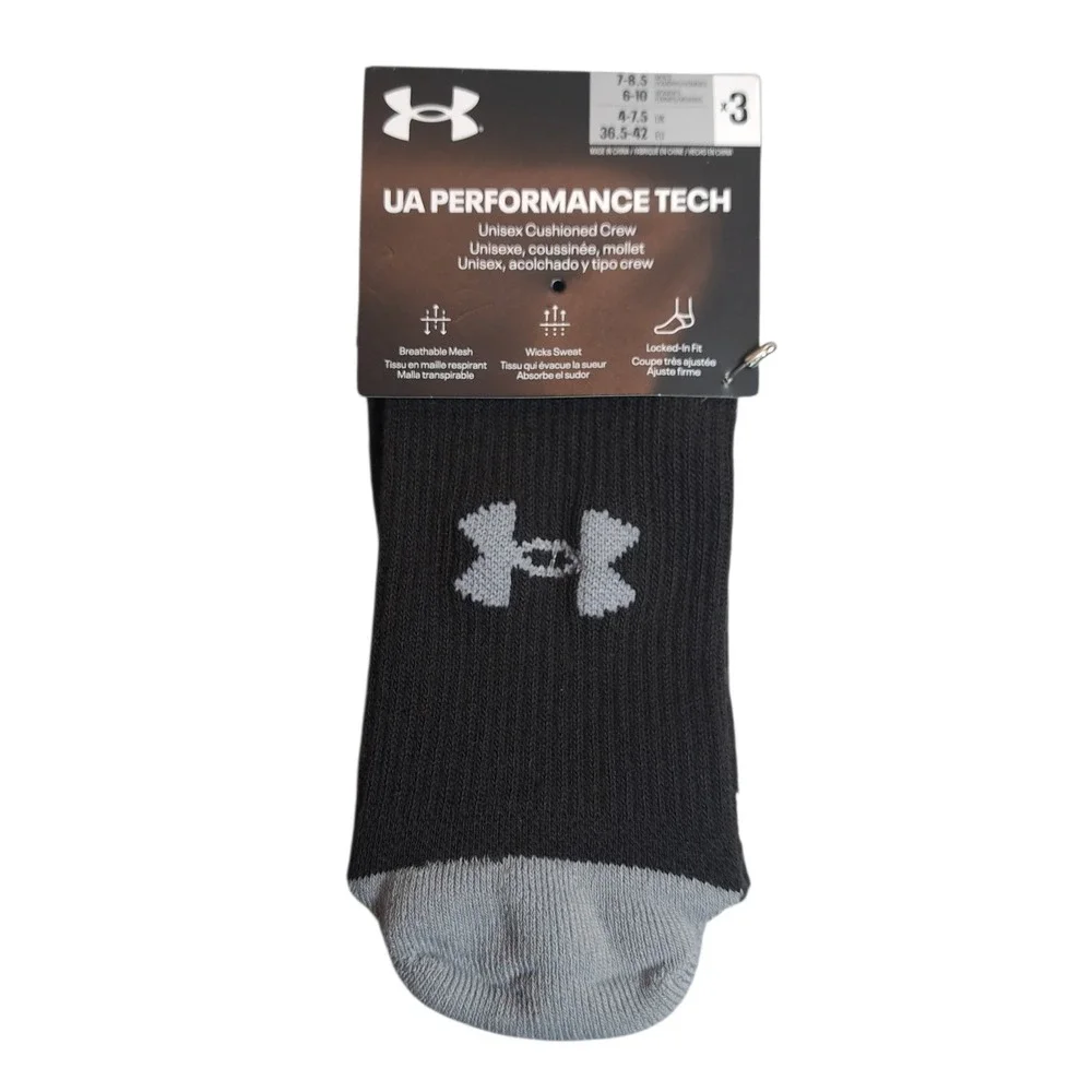 Under Armour 3 Pairs Unisex Cushioned Crew Socks Black/Gray M 7-8.5‎ W 6-10